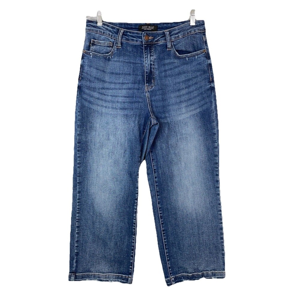 Judy Blue Women 30 Mid Rise Crop Flare Jeans Raw Hem Stretch Distressed Denim